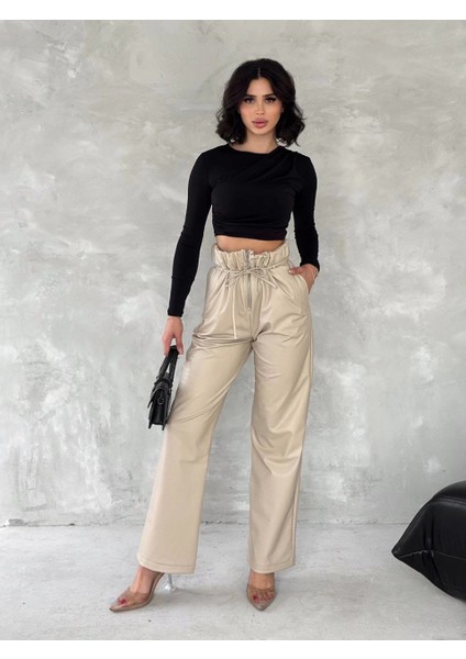 Yzlal Kendinden Ince Kemerli Deri Pantolon Bej T1178 (Beden: S)