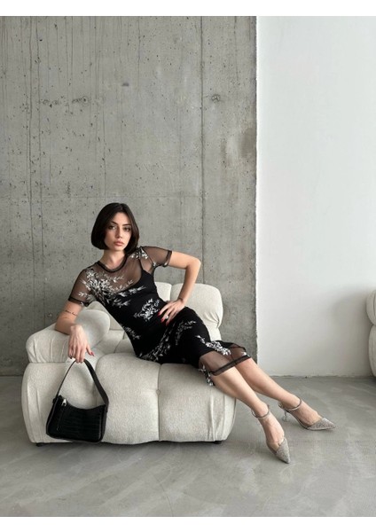 Kadın Baskılı Şifon Kimono Elbise - Siyah modelleri