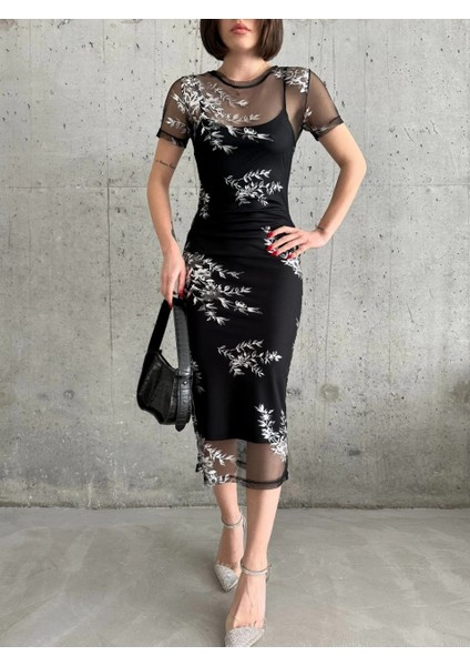 Kadın Baskılı Şifon Kimono Elbise - Siyah fırsatları