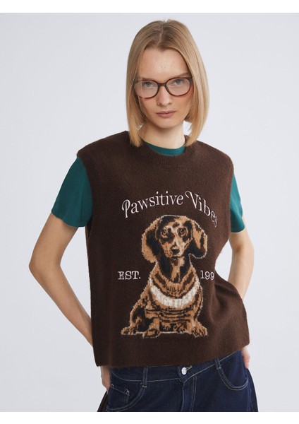 Yeni Sezon Bisiklet Yaka Köpek Baskılı Kadın Triko Süveter