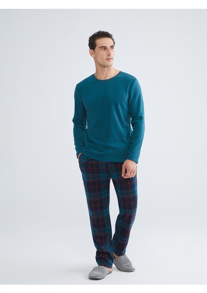 Yeni Sezon Standart Kalıp Ekose Polar Erkek Pijama Takımı