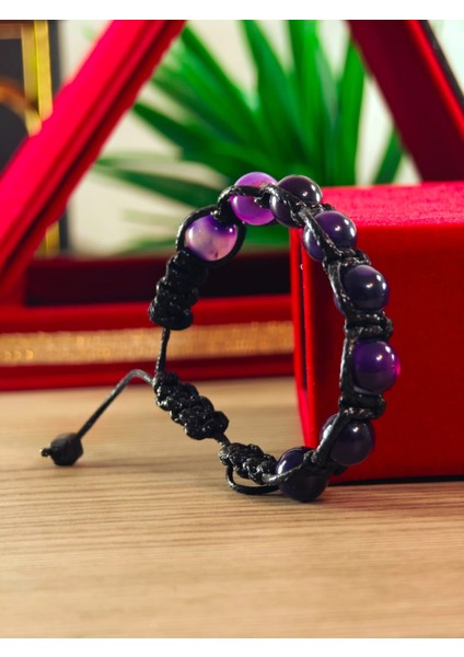 Makrome Bileklik El Yapımı Saf Doğaltaş Özel Yapım Hematit Taşı, Lav Taşı, Akik Taşı, Amatis Taşı