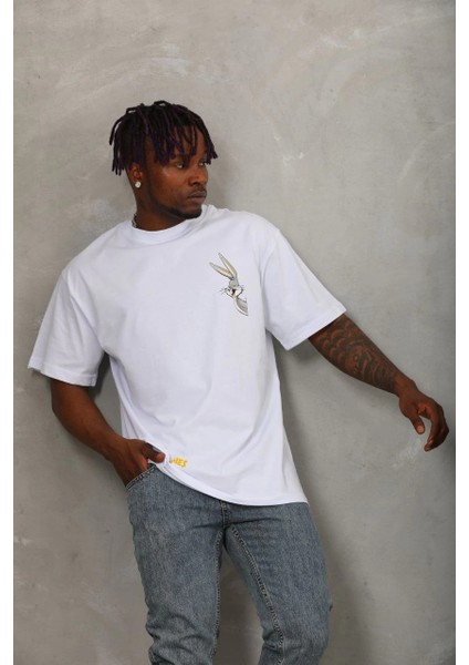 Oversize Baskılı Bisiklet Yaka T-Shirt - Beyaz -Vlmr