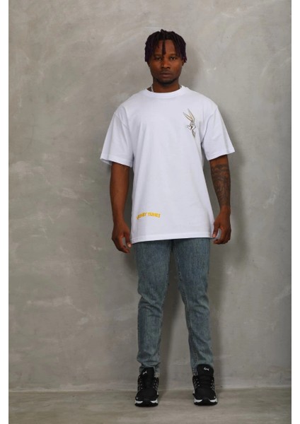 Oversize Baskılı Bisiklet Yaka T-Shirt - Beyaz -Vlmr modelleri