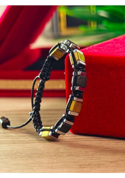 Makrome Bileklik El Yapımı Saf Doğaltaş Özel Yapım Hematit Taşı, Lav Taşı, Akik Taşı, Amatis Taşı