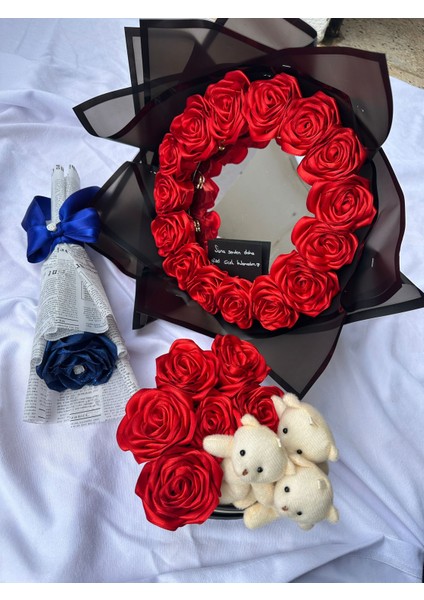 Romantik Ayna ve Gül Aranjman Seti/peluş Ayıcık ve Tek Gül Buketli Hediye Seti