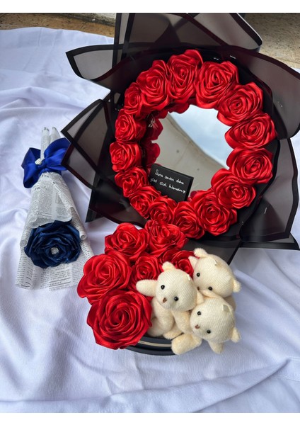 Romantik Ayna ve Gül Aranjman Seti/peluş Ayıcık ve Tek Gül Buketli Hediye Seti fırsatları
