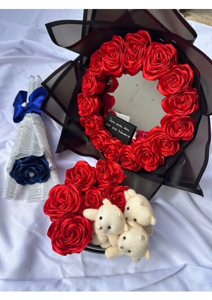Romantik Ayna ve Gül Aranjman Seti/peluş Ayıcık ve Tek Gül Buketli Hediye Seti indirimleri