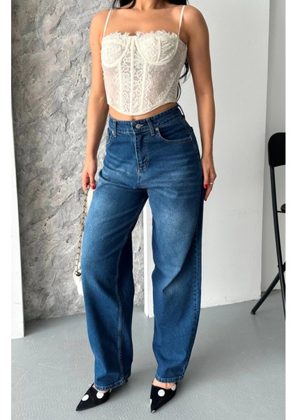 Yzlal Baggy Süper Taş Bıyık Yıkama Koyu Mavi Jeans Pantolon D2007 (Beden: 34)