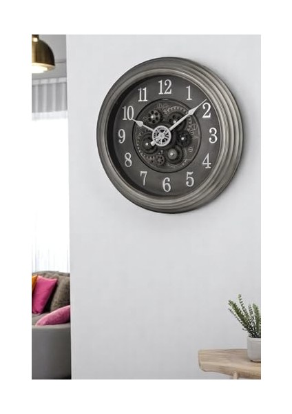 Mark Premium Serisi Eskitme Kadranlı Döner Çarklı Ev ve Ofis Duvar Saati Kabartma Rakamlı 40 cm Gri modelleri