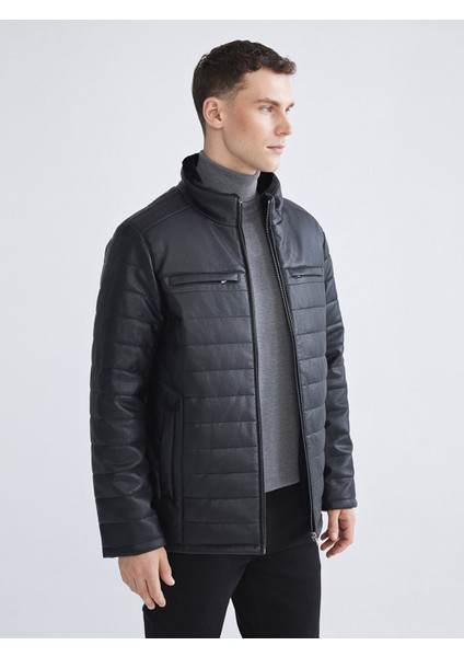 Yeni Sezon Standart Kalıp Dik Yaka Erkek Deri Görünümlü Mont
