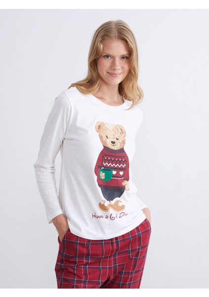 Yeni Sezon Ayı Teddy Baskılı Kadın Pijama Takımı Anne Kız Kombini