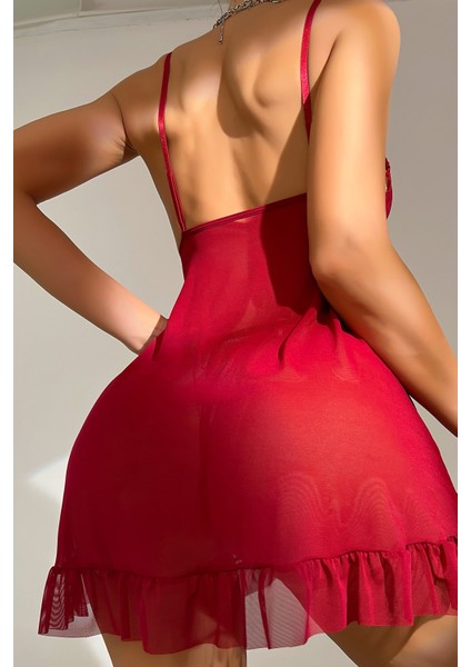 Kadın Bordo Dantelli, Fırfırlı Tül ve Fiyonk Detaylı Tangalı Gecelik Takımı