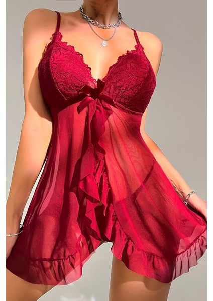 Kadın Bordo Dantelli, Fırfırlı Tül ve Fiyonk Detaylı Tangalı Gecelik Takımı fiyatları
