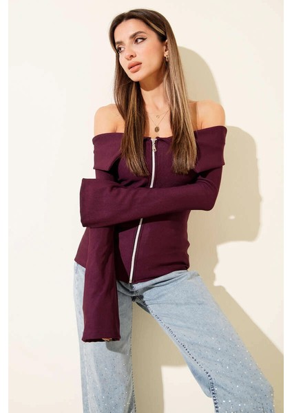 Yzlal Omzu Açık Fermuarlı Bluz Mürdüm T4330 (Beden: S) fiyatları