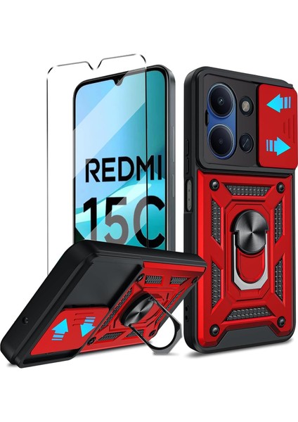 Coolacs Xiaomi Redmi 15C Uyumlu Kamera Sürgülü Tank Kılıf ve Temperli Cam Ekran Koruyucu Set