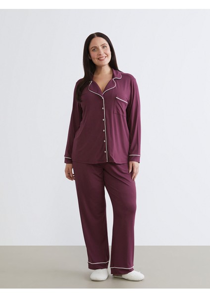 Yeni Sezon Büyük Beden Gömlek Yaka Kadın Pijama Takımı