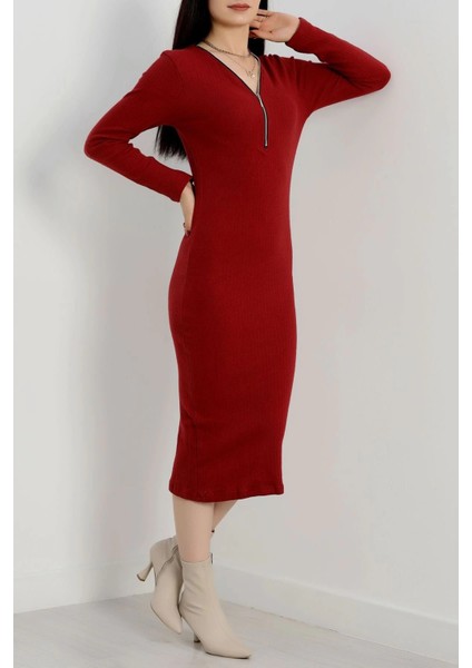 Yzlal Fermuar Detaylı Fitilli Şardonlu Elbise Bordo A3178 (Beden: Standart) modelleri