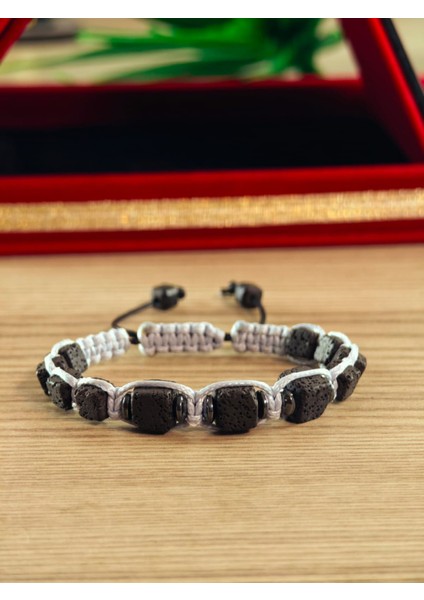 Makrome Bileklik El Yapımı Saf Doğaltaş Özel Yapım Hematit Taşı, Lav Taşı, Akik Taşı, Amatis Taşı