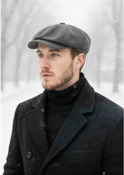 Etoile Klasik Erkek Ingiliz 8 Parça Yün Şapka – Klasik ve Şık Newsboy Model Siyah