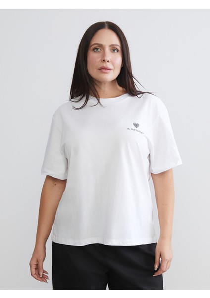 Yeni Sezon Büyük Beden Bisiklet Yaka Baskılı Kadın Tişört