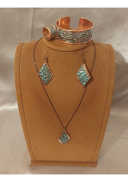 Üsküp Rüya Serisi Saf Bakır 4'lü Takı Seti Kolye Bileklik Küpe Yüzük (Turkuaz)