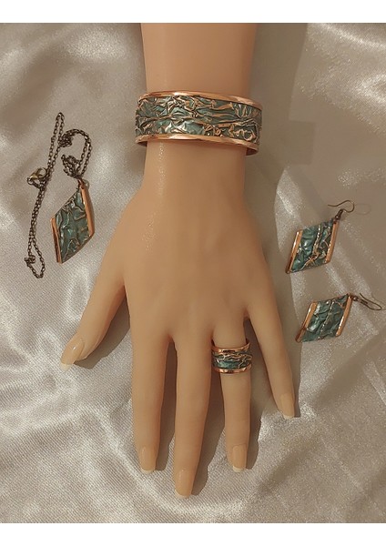Üsküp Rüya Serisi Saf Bakır 4'lü Takı Seti Kolye Bileklik Küpe Yüzük (Turkuaz) fiyatları