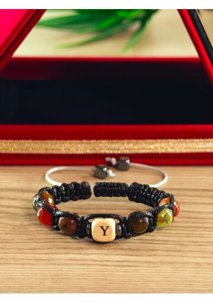 Makrome Bileklik El Yapımı Kişiye Özel Yapım Harfli Makrome Bileklik Doğal Taş Makrome Bileklik