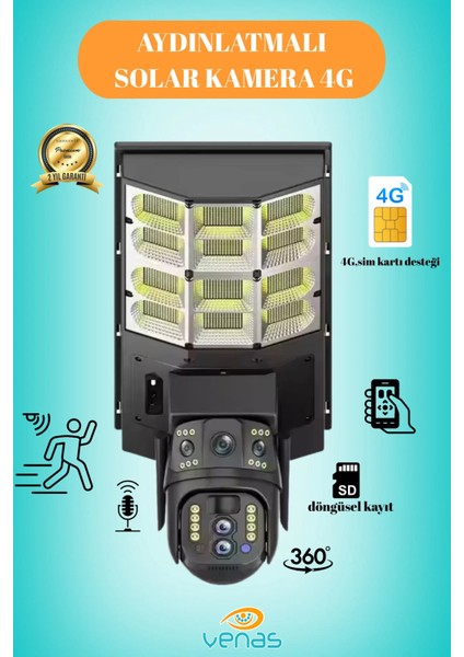 4g Sim Kartlı 20 Watt Solar Panelli Sokak Aydınlatmalı Çift Kameralı Çakarlı Güvenlik Kamerası
