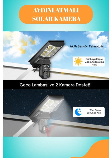 4g Sim Kartlı 20 Watt Solar Panelli Sokak Aydınlatmalı Çift Kameralı Çakarlı Güvenlik Kamerası modelleri