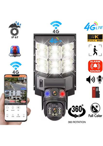 4g Sim Kartlı 20 Watt Solar Panelli Sokak Aydınlatmalı Çift Kameralı Çakarlı Güvenlik Kamerası fırsatları