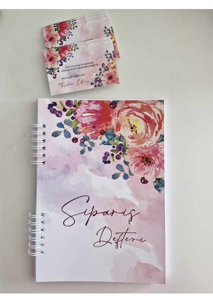 Sipariş Defteri Kırmızı Çiçekli 50 Yp ve 30 Not Kartı Seti