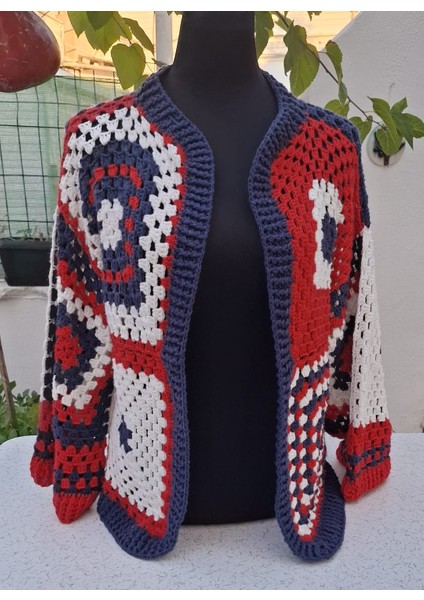 Handmade Kırmızı Lacivert Beyaz Salaş Koton Örgü Cardigan-El Örgüsü Motifli Salaş Kısa Hırka fiyatları