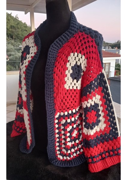 Handmade Kırmızı Lacivert Beyaz Salaş Koton Örgü Cardigan-El Örgüsü Motifli Salaş Kısa Hırka fırsatları