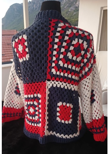 Handmade Kırmızı Lacivert Beyaz Salaş Koton Örgü Cardigan-El Örgüsü Motifli Salaş Kısa Hırka