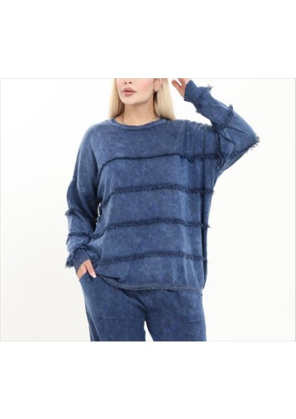 Kadın Büyük Beden Bisiklet Yaka Püskül Detay %100 Pamuk Triko Kazak