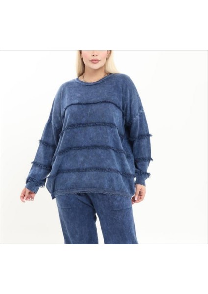 Kadın Büyük Beden Bisiklet Yaka Püskül Detay %100 Pamuk Triko Kazak modelleri