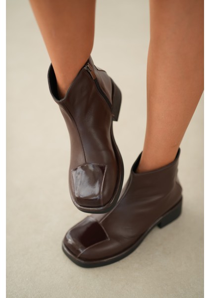 Aureine Hakiki Deri Yandan Fermuarlı Küt Burun Kadın Bot- Kahverengi fiyatları