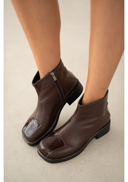 Aureine Hakiki Deri Yandan Fermuarlı Küt Burun Kadın Bot- Kahverengi modelleri