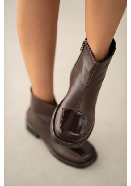 Aureine Hakiki Deri Yandan Fermuarlı Küt Burun Kadın Bot- Kahverengi fırsatları