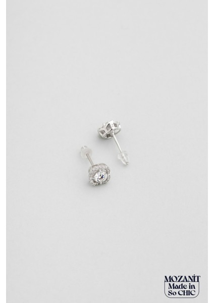 Mozanit Tutkusu 18 Ayar Beyaz Altın Kaplama Gümüş Küpe