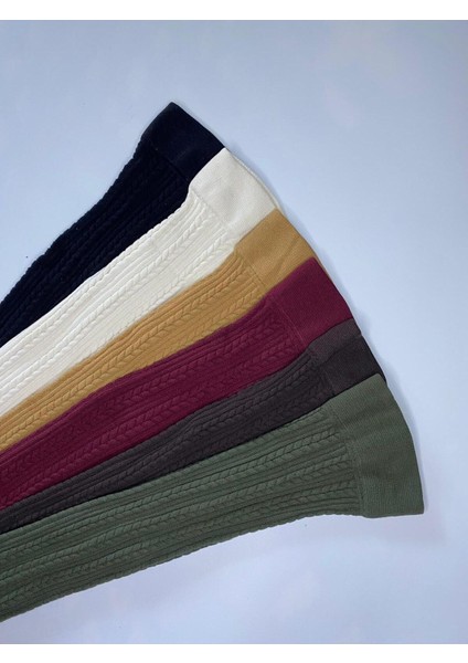 Kadın Dizaltı Renkli Desenli Pantolon Çorap / 6 Adet Kabartma Knıt Örgü Kışlık Çorap