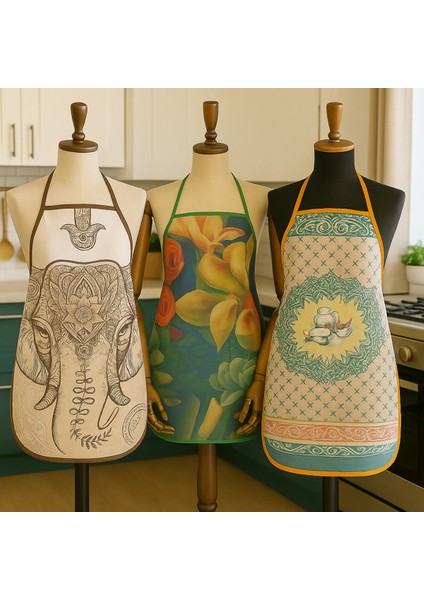 3'lü Avantajlı Mutfak Önlüğü Sıvı Geçirmez Dijital Baskılı Önlük