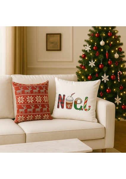 Çift Tarafı Baskılı Candy Christmas Desenli 2'li Set Kadife Kırlent Kılıfı Yılbaşı - Noel