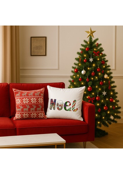 Çift Tarafı Baskılı Candy Christmas Desenli 2'li Set Kadife Kırlent Kılıfı Yılbaşı - Noel modelleri