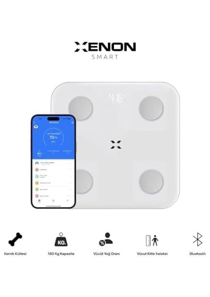 Xenon Smart Yeni Nesil Dijital Mobil Uygulama Denetimli Akıllı Tartı Yağ Kemik Kas Kütlesi Ölçen Vücut Veri Analizi Için Beyaz Bluetooth Baskül (180 kg Kapasite) X8701_M1 modelleri