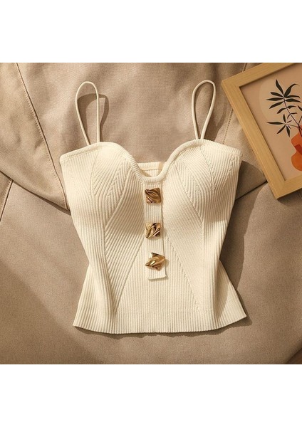 Altın Düğme Detaylı Şık Fitilli Askılı Kadın Crop Bluz W1009