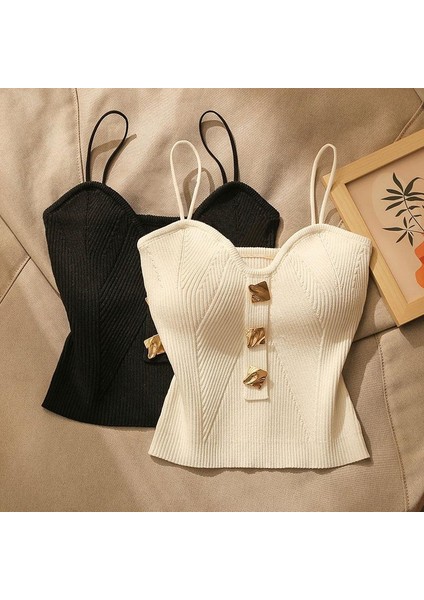 Altın Düğme Detaylı Şık Fitilli Askılı Kadın Crop Bluz W1009 fiyatları