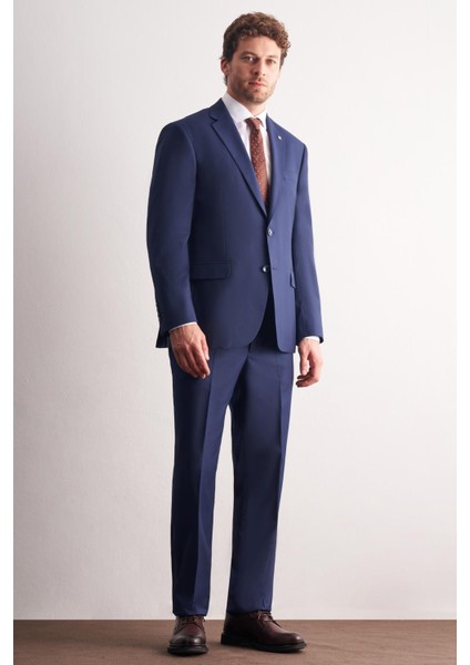 Lacivert Mono Yaka Kendinden Çizgili Desen Esnek 4 Drop Comfort Fit Classic Takım Elbise 1001255159