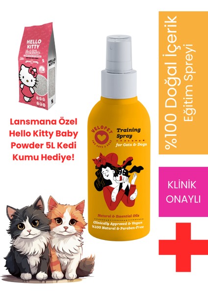 Doğal Kedi Uzaklaştırıcı Sprey, Kedi Köpek Çiş Pedi ve Tuvalet Eğitimi, Caydırıcı ve Kovucu, 150 ml + Hellokitty Bebek Pudralı Kedi Kumu Hediye!